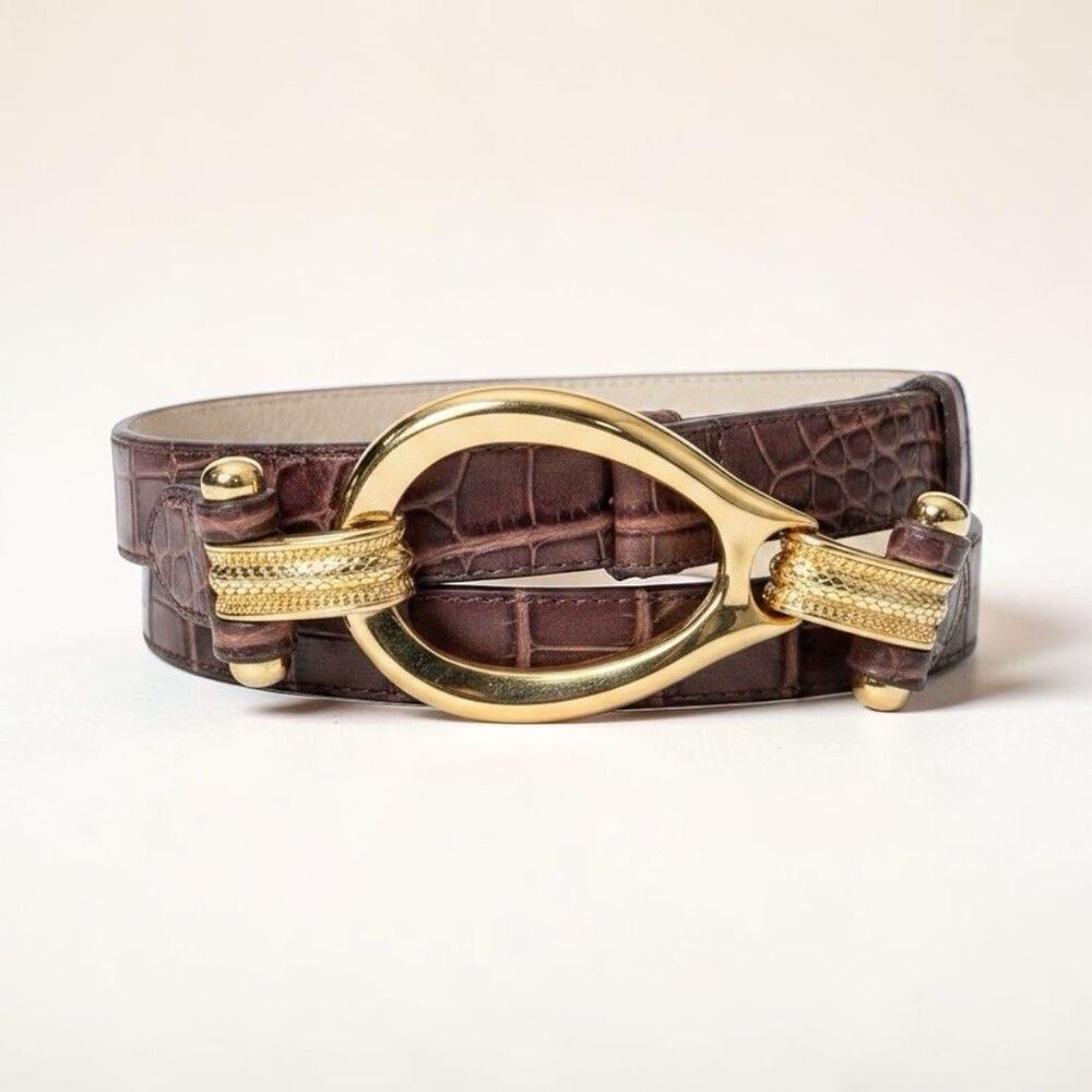 Brown Croc Embossed Leather Belt Gold Buckle Boho Safari Adjustable Size S-L